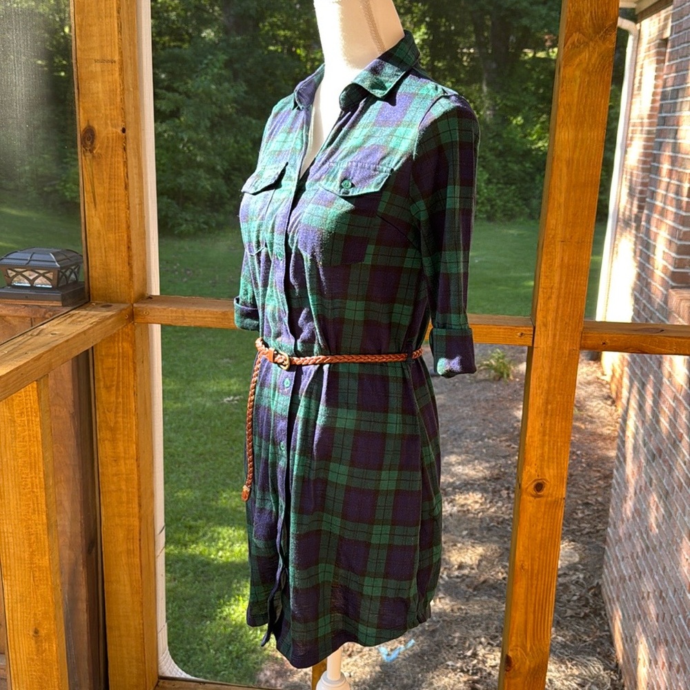 It Girl Green and Blue Plaid Shirt Dress with Belt - Picture 3 of 13